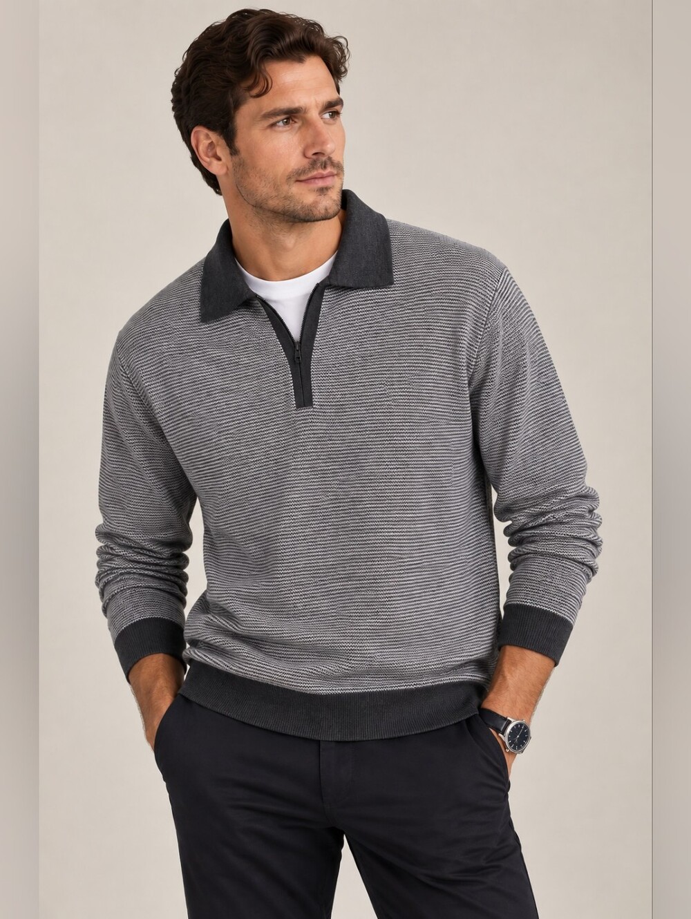 MAGASCHONI Mens New Polo Sweater Long Sleeve MEDIUM Wool Blend Knit Gray